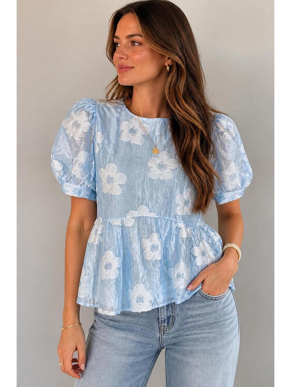 Jodifl Floral Puff Sleeve Blouse Blue Sheer Top Size S